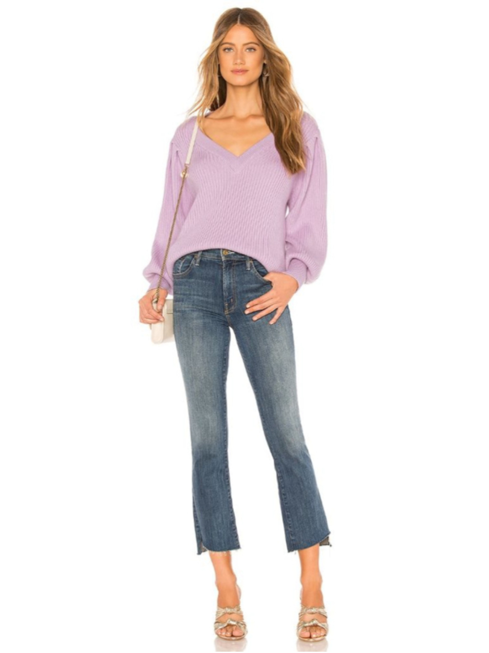 Lovers and Friends Lavender Regina Ribbed V-neck Bubble Sleeve Sweater XL